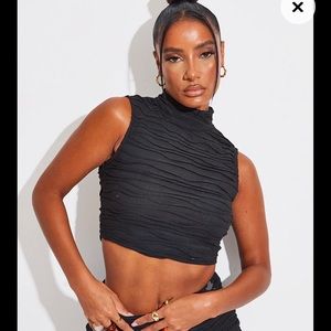 PLT Black Pleated High Neck Sleeveless Crop Top